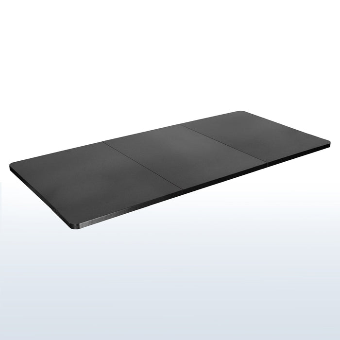 Durable sit to stand desk tabletop workstation with three-panel wide surface space.