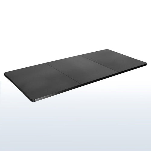 Durable sit to stand desk tabletop workstation with three-panel wide surface space.