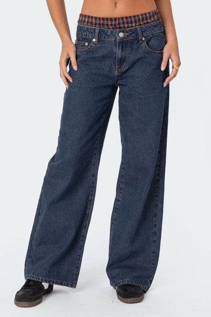 Plaid Boxer Detail Low Rise Baggy Jeans