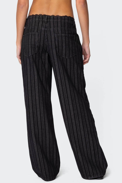 Lace Trim Striped Low Rise Baggy Jeans