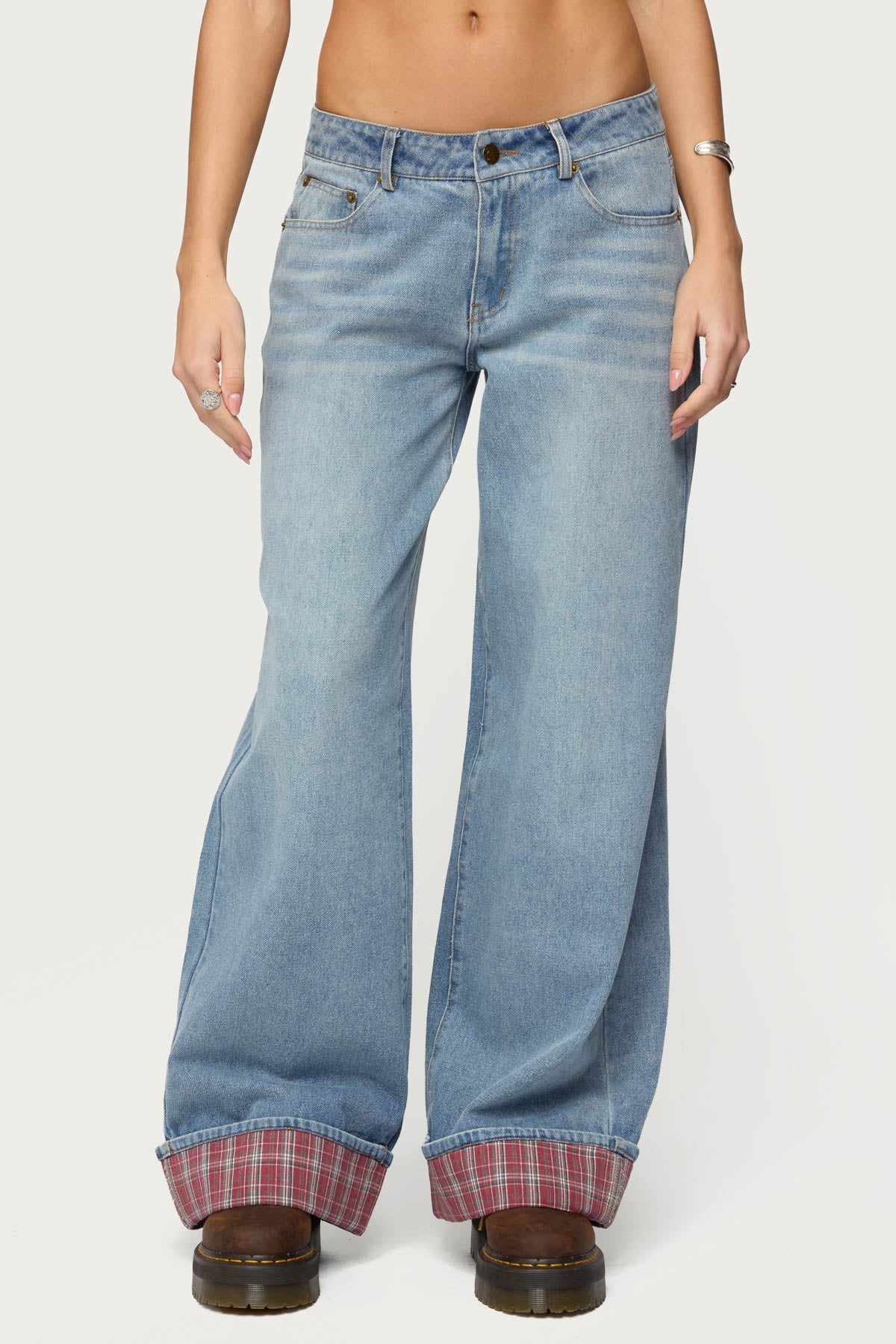 Plaid Cuffed Low Rise Baggy Jeans