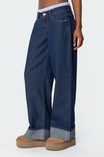 Striped Boxer Detail Low Rise Baggy Jeans