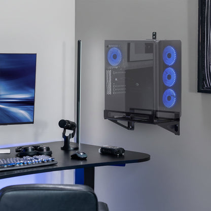 Gaming PC wall mount holding a desktop computer tower beside a monitor for a clean, space-saving setup