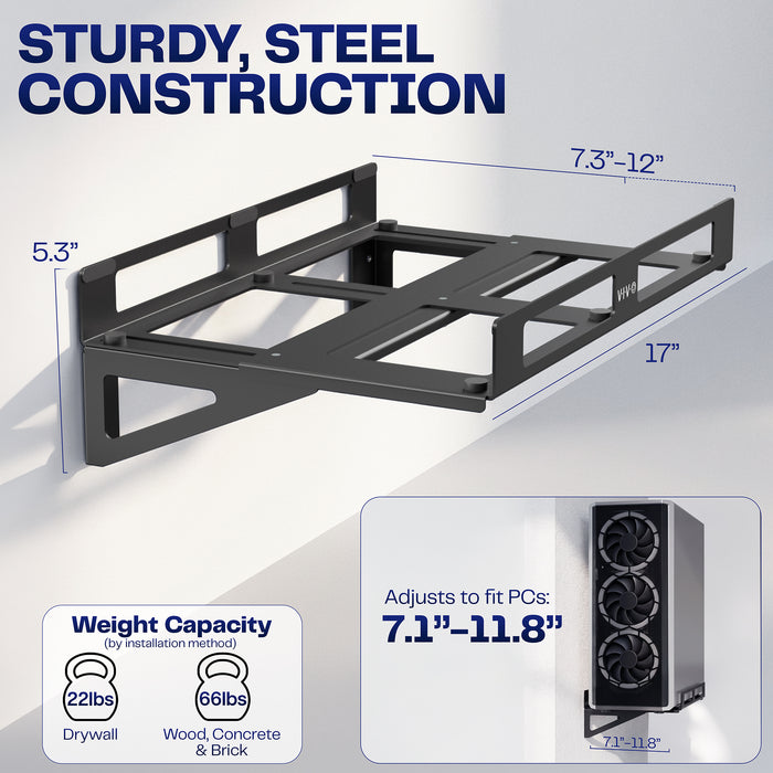 Heavy-duty steel gaming PC wall mount designed for strong and stable desktop computer tower support