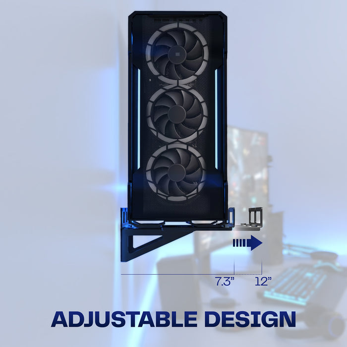 Adjustable PC wall mount designed to fit different gaming computer tower sizes for secure elevated storage
