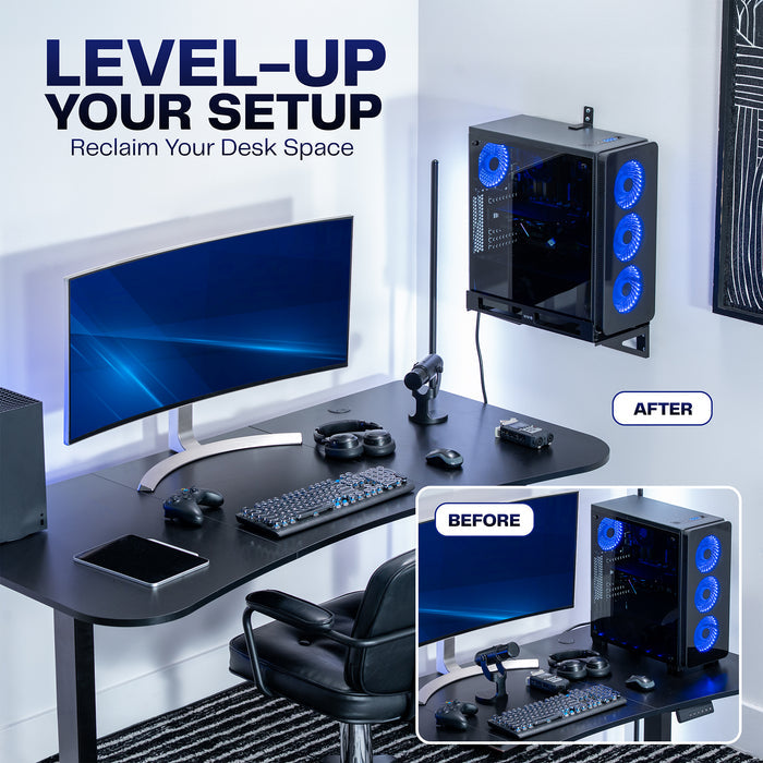 Wall-mounted gaming PC holder elevating a computer tower to free up desk and floor space