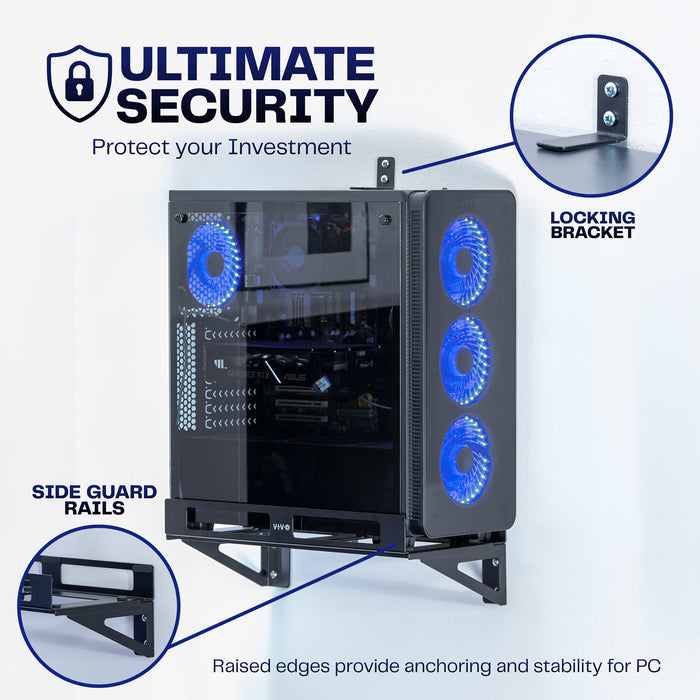 Gaming PC wall mount with secure support system for safely holding a desktop computer tower above the floor