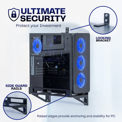 Gaming PC wall mount with secure support system for safely holding a desktop computer tower above the floor