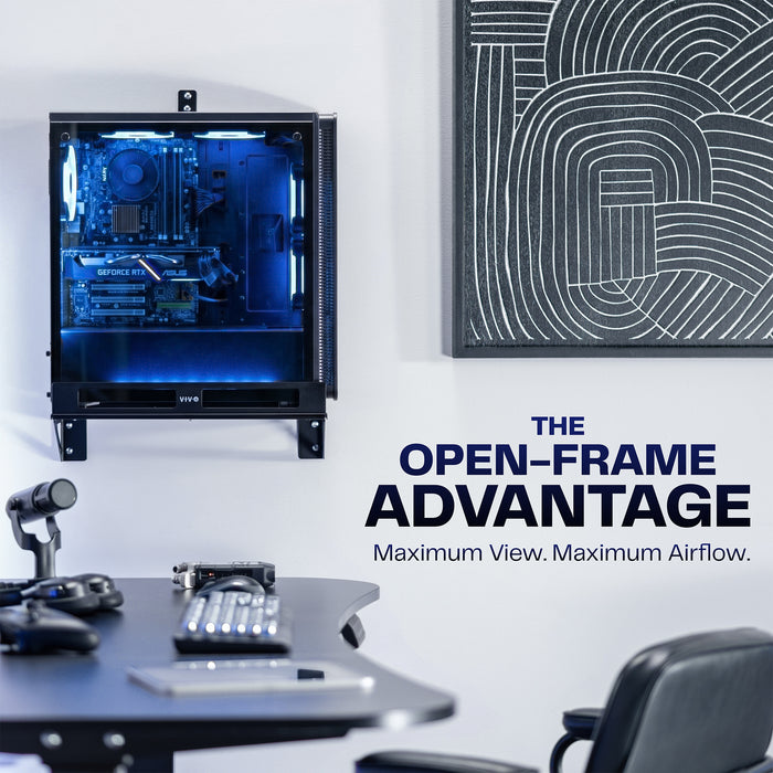 Open-frame PC wall mount providing airflow around a gaming computer tower while saving workspace