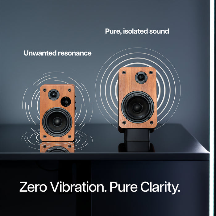 A speaker sitting directly on a desktop with broken soundwaves versus a speaker sitting on an Angled Desktop Speaker Stand with perfect soundwaves