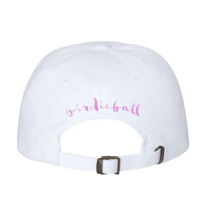 A BirdieBall Hat (White Logo) dad hat by BirdieBall, shown from the back, with "birdieball" in pink script above the adjustable strap.