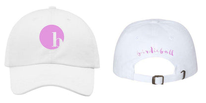 The BirdieBall Hat (White Logo) features a pink circle with a lowercase "b" on the front and "birdiebal" in pink script on the back above the adjustable strap—a classic BirdieBall dad hat for a sporty, fresh look.