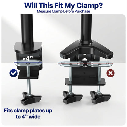 Clamp extension adapter shown with compatible desk clamp configurations for thicker desks and work surfaces