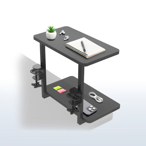 Above or below desk dual tier adjustable shelving system for flexible desk organization using convenient clamp-on storage. This versatile two-platform product can be arranged in multiple configurations to suit your workspace needs and aesthetic preferences.
