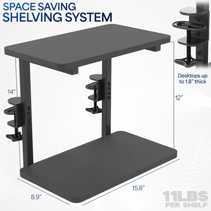 Above or below desk dual tier adjustable shelving system for flexible desk organization using convenient clamp-on storage. This versatile two-platform product can be arranged in multiple configurations to suit your workspace needs and aesthetic preferences.