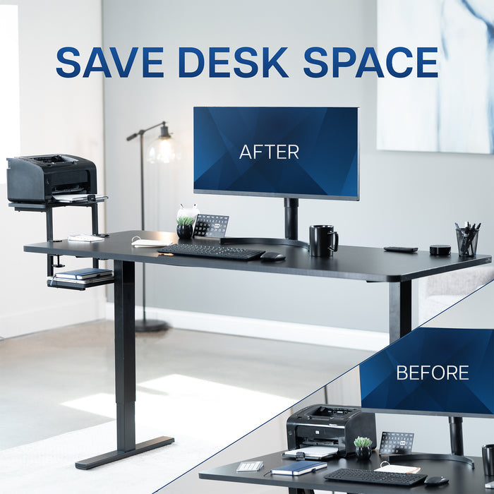 Above or below desk dual tier adjustable shelving system for flexible desk organization using convenient clamp-on storage. This versatile two-platform product can be arranged in multiple configurations to suit your workspace needs and aesthetic preferences.