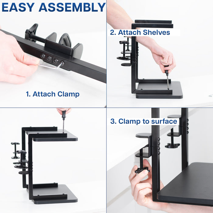 Above or below desk dual tier adjustable shelving system for flexible desk organization using convenient clamp-on storage. This versatile two-platform product can be arranged in multiple configurations to suit your workspace needs and aesthetic preferences.