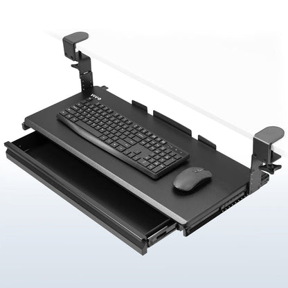 Under desk height adjustable pull-out sliding keyboard tray with storage drawer.