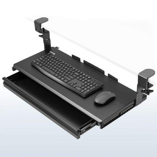 Under desk height adjustable pull-out sliding keyboard tray with storage drawer.