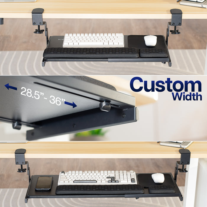 Clamp-on Height & Width Adjustable Keyboard Tray on a desk