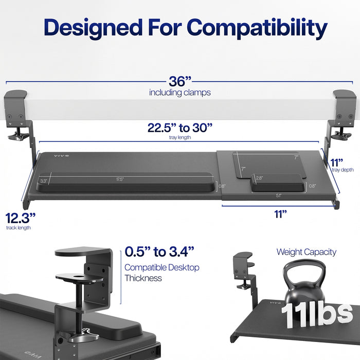 Compatibility dimensions and specifications of Clamp-on Height & Width Adjustable Keyboard Tray