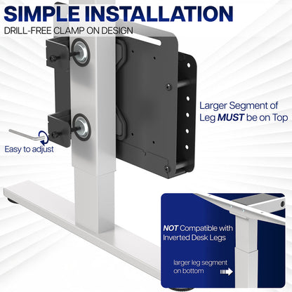 Desk leg support system with installation instructions on a white background