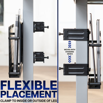 Steel Clamp-on Desk Leg Laptop Mount Holder for adjustable standing desk with text on flexible placement.