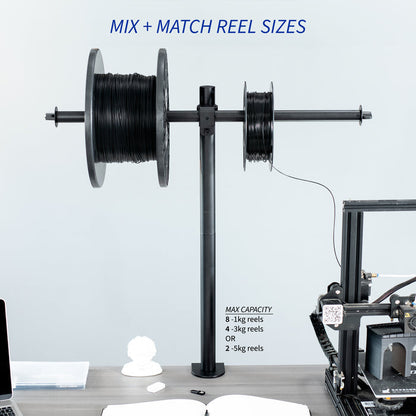 Sturdy clamp-on height adjustable reel holder for 3D printer.