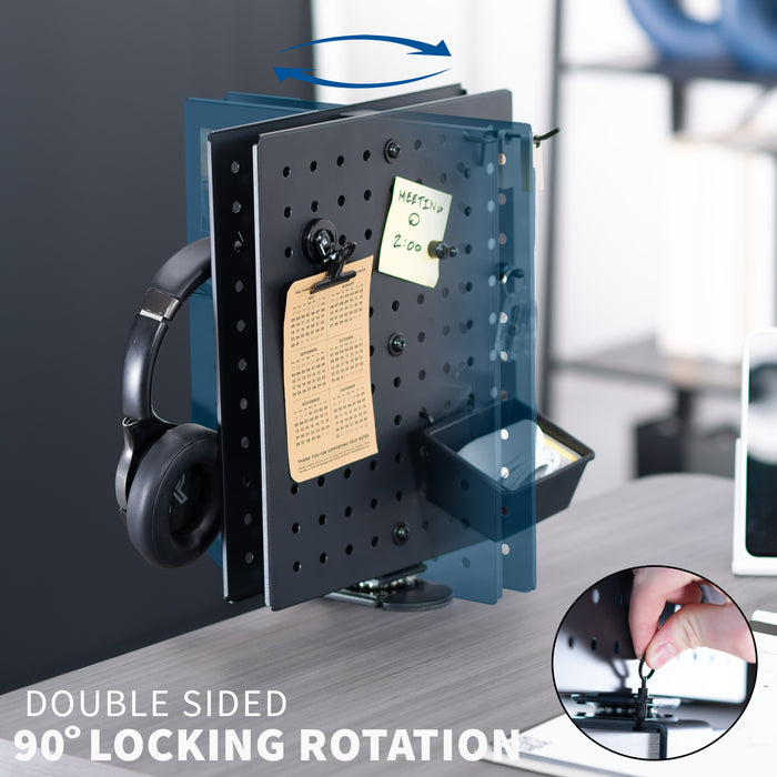 Clamp-on rotating pegboard for storage and privacy with accessories included. Double-sided organization panel featuring flexible placement and an easy assembly process.