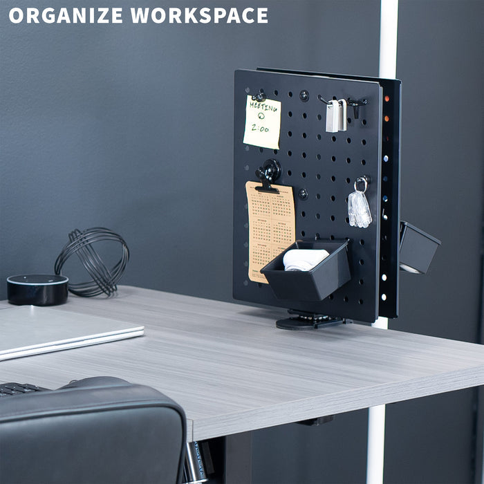 Clamp-on rotating pegboard for storage and privacy with accessories included. Double-sided organization panel featuring flexible placement and an easy assembly process.