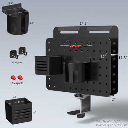 Black pegboard with various components labeled on a gray background