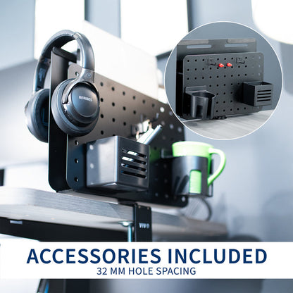 Clamp-on 360-degree rotating pegboard panel with laptop holder for storage and privacy with accessories included. Featuring flexible placement and an easy assembly process.