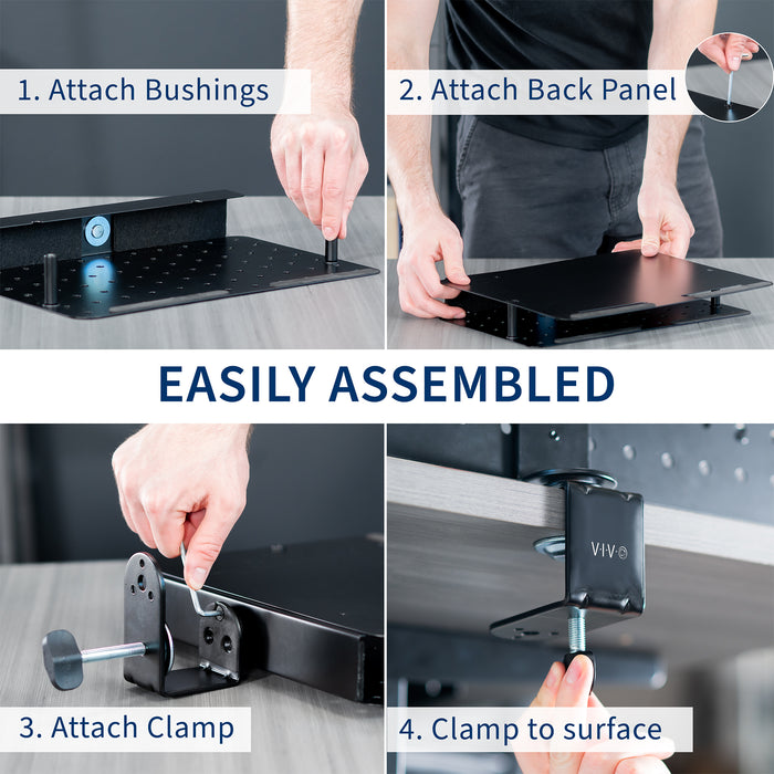 Clamp-on 360-degree rotating pegboard panel with laptop holder for storage and privacy with accessories included. Featuring flexible placement and an easy assembly process.