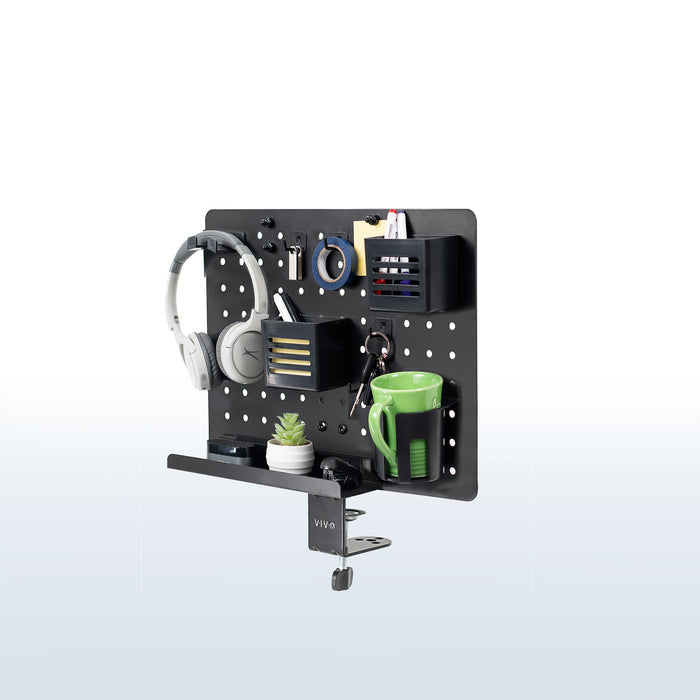 Clamp-on 360-degree rotating pegboard for storage and privacy with accessories included. Double-sided organization panel featuring above or below desk installation and an easy assembly process.