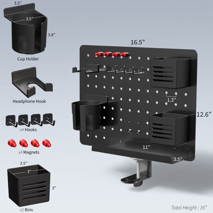 Clamp-on 360-degree rotating pegboard for storage and privacy with accessories included. Double-sided organization panel featuring above or below desk installation and an easy assembly process.