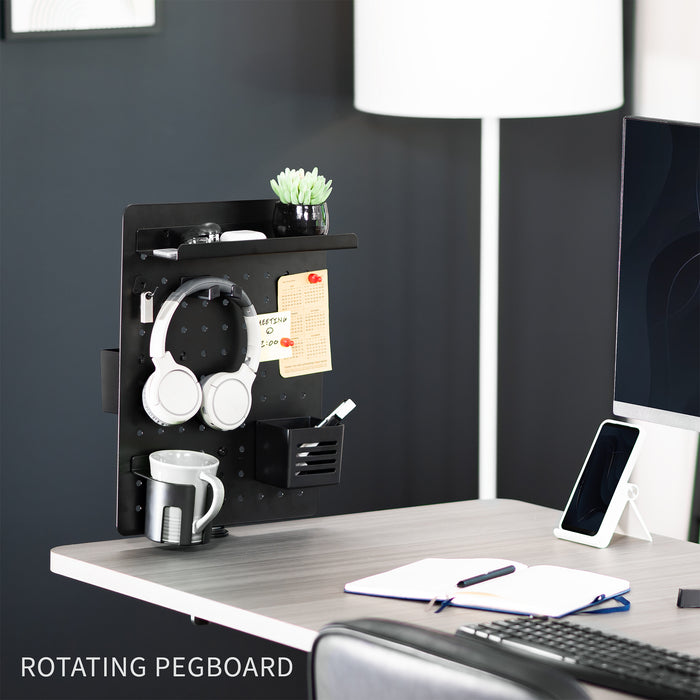Clamp-on 360-degree rotating pegboard for storage and privacy with accessories included. Double-sided organization panel featuring above or below desk installation and an easy assembly process.