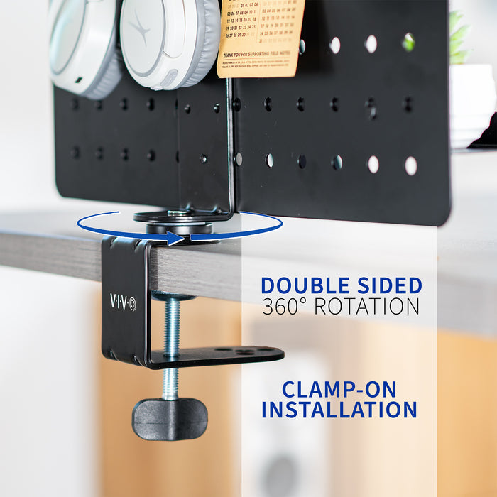 Clamp-on 360-degree rotating pegboard for storage and privacy with accessories included. Double-sided organization panel featuring above or below desk installation and an easy assembly process.