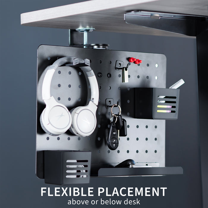 Clamp-on 360-degree rotating pegboard for storage and privacy with accessories included. Double-sided organization panel featuring above or below desk installation and an easy assembly process.