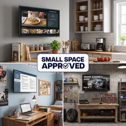 Compact wall-mounted TV bracket saving valuable space in bedrooms, offices, kitchens, and small rooms