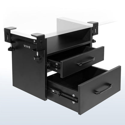 Clamp-on corner desk storage system with two pull-out drawers and open top shelf surface.