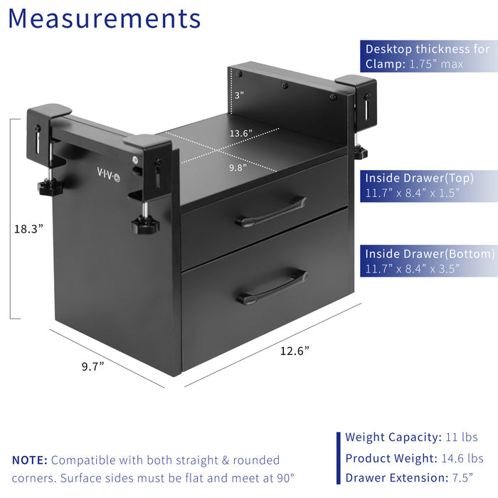 Clamp-on corner desk storage system with two pull-out drawers and open top shelf surface.