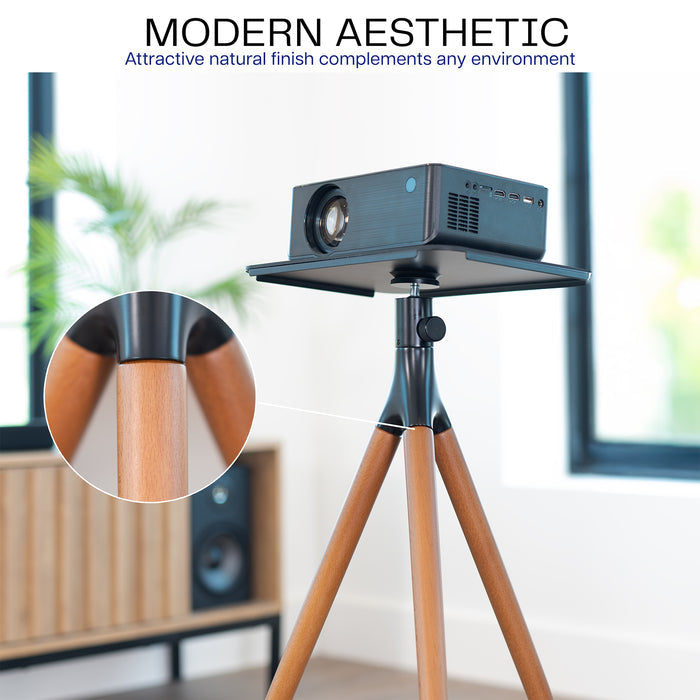 Projector on a wooden tripod with a modern aesthetic description.
