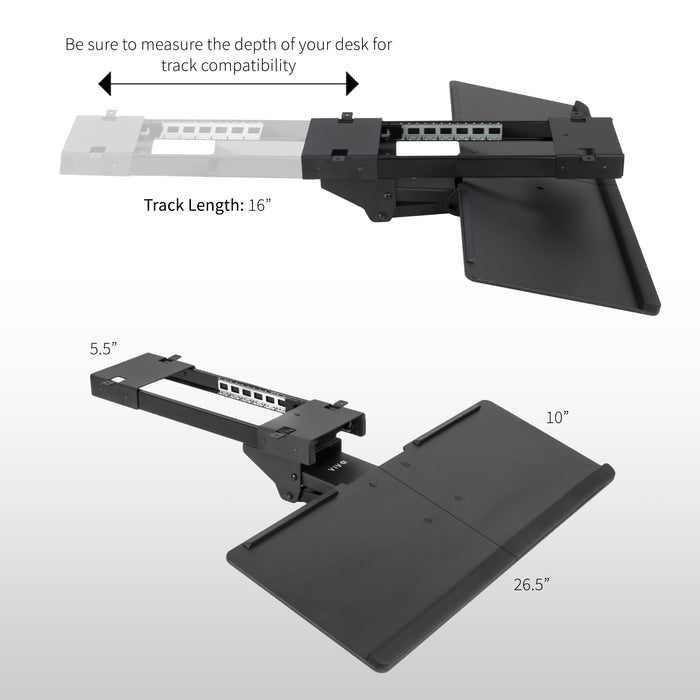 Black adjustable keyboard tray track with measurements on a white background