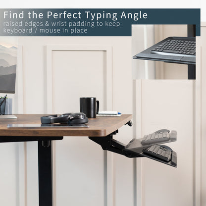 Keyboard tray attached to a desk with text highlighting its features.