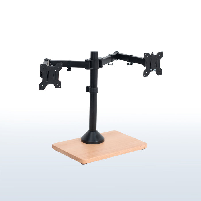Dual monitor mount desk stand with wooden base. Featuring height adjustment, tilt, swivel, rotation, and built-in cable management.
