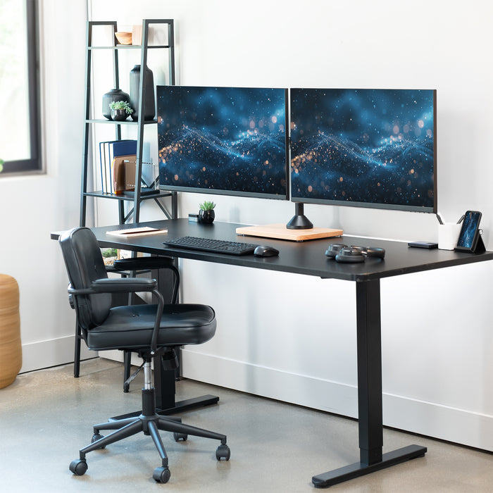 Dual monitor mount desk stand with wooden base. Featuring height adjustment, tilt, swivel, rotation, and built-in cable management.