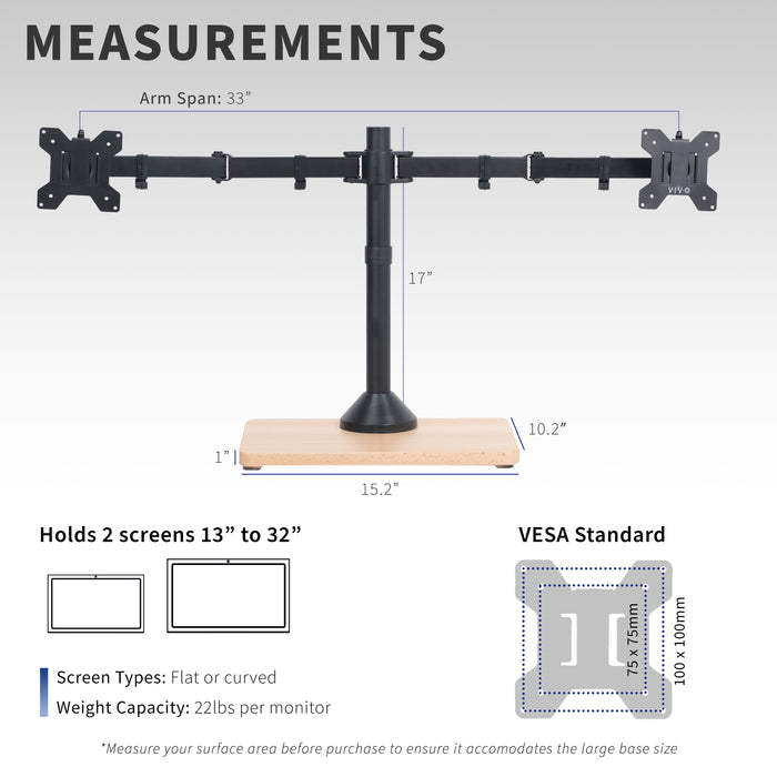 Dual monitor mount desk stand with wooden base. Featuring height adjustment, tilt, swivel, rotation, and built-in cable management.