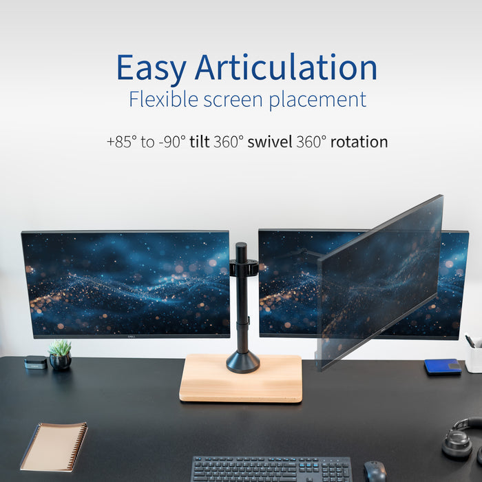Dual monitor mount desk stand with wooden base. Featuring height adjustment, tilt, swivel, rotation, and built-in cable management.