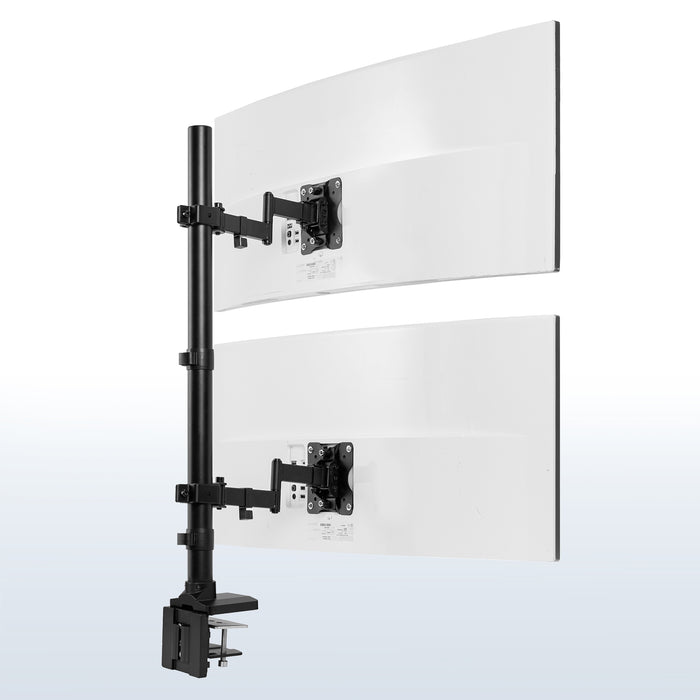 Stacked vertical dual monitor ultrawide desk mount with extending arms. Height adjustable with tilt, swivel, and integrated cable management.