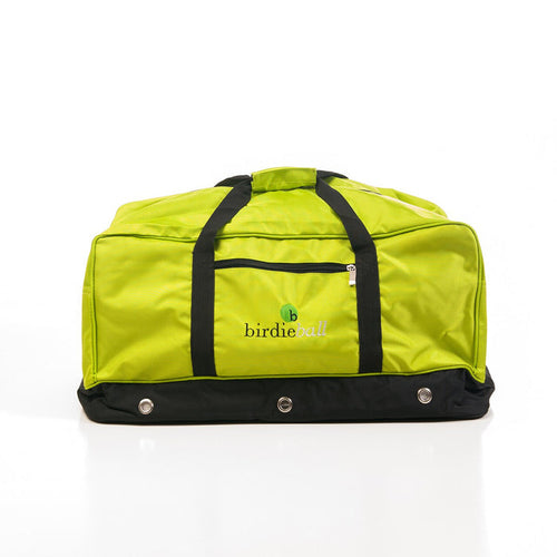 The BirdieBall Duffle Bag features a bright green and black design, front zipper pocket, detachable shoulder strap, and the BirdieBall logo on the front—ideal for storing your practice gear. Photographed against a white background.